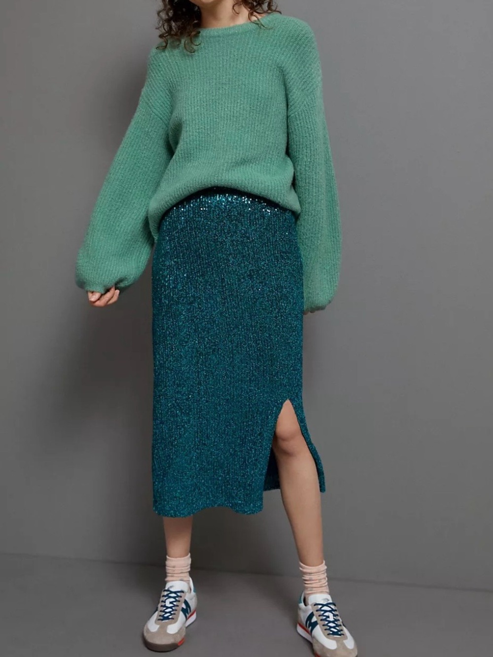 Maeve Anthropologie Alicia Teal Sequined Midi Skirt Womens large